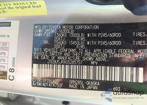 2016 Toyota 4Runner Limited z USA, uszkodzony, nr VIN JTEBU5JRXG5285757